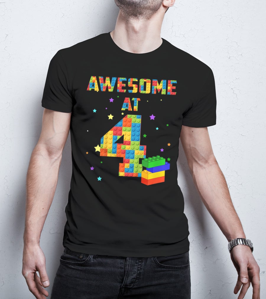 AWESOME AT 4 Building Blocks Kids Birthday T-Shirt