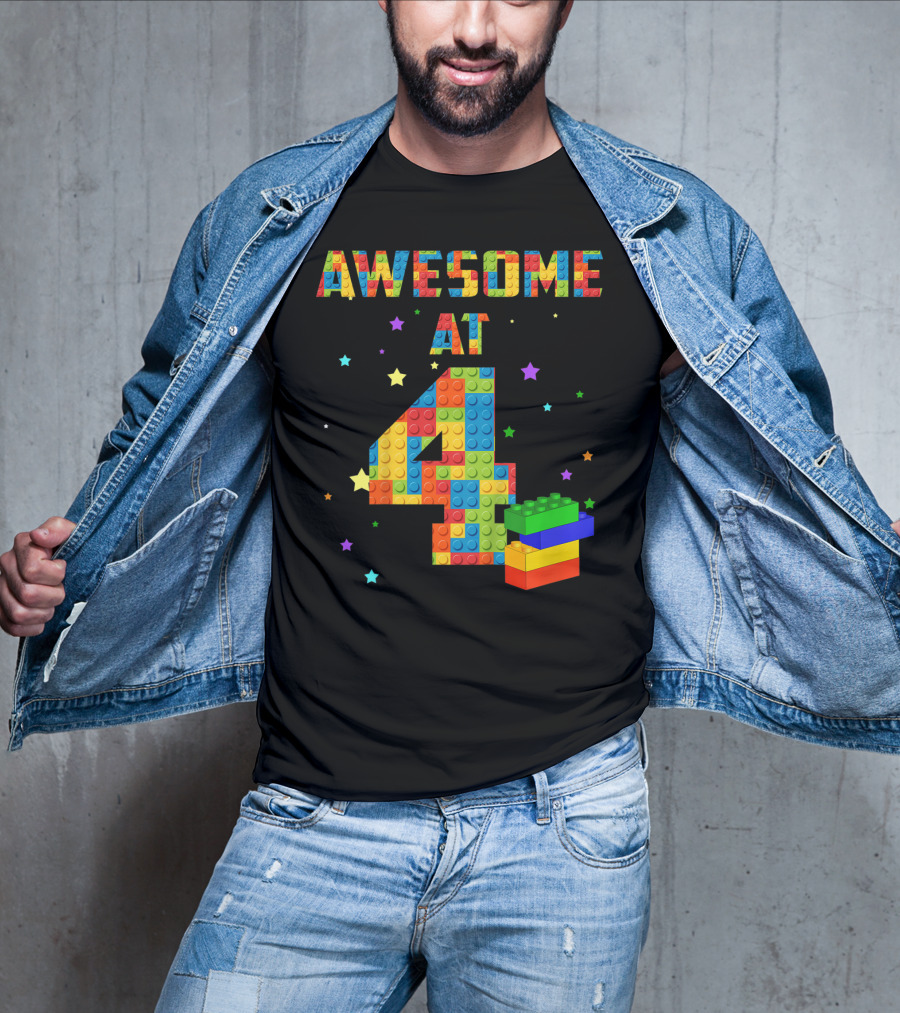 AWESOME AT 4 Building Blocks Kids Birthday T-Shirt