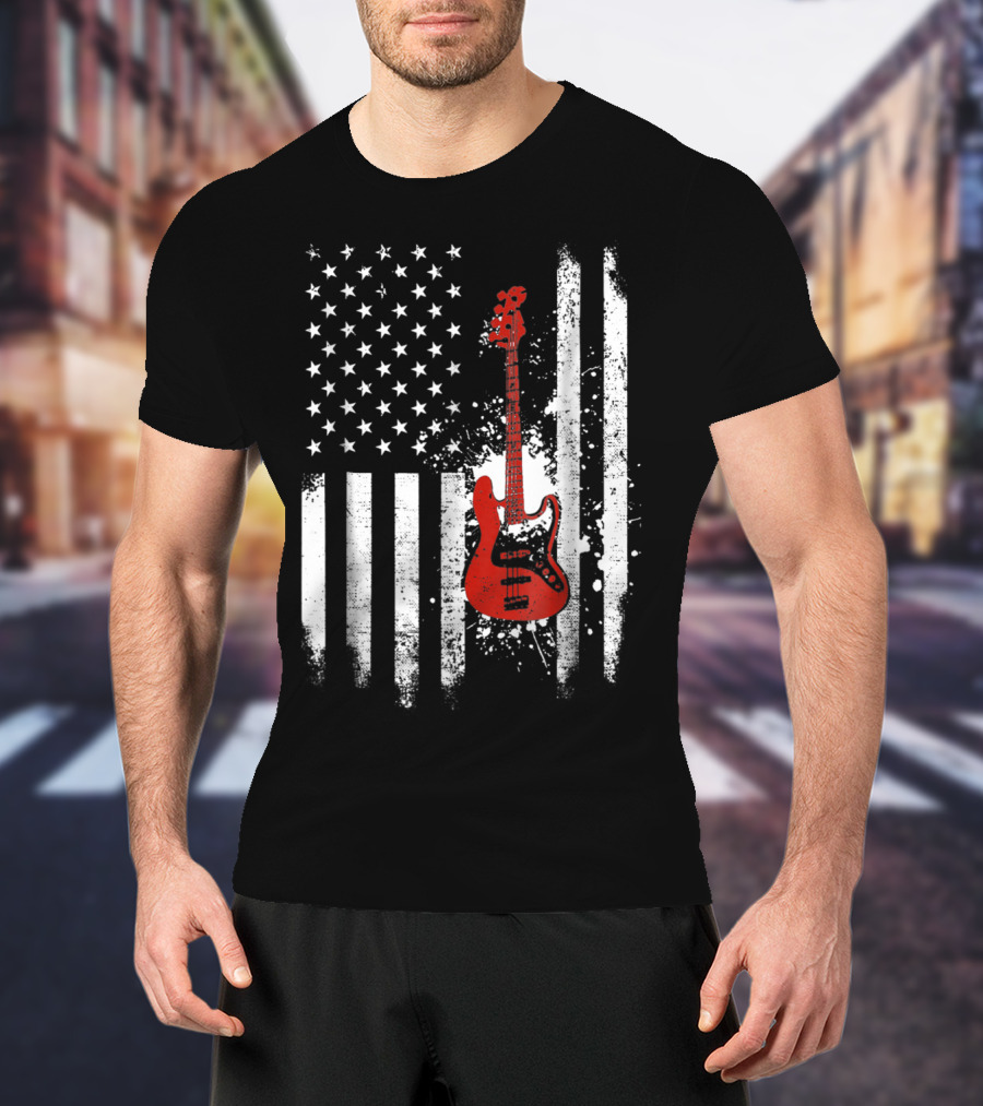 Bass Guitar Red White Stars Stripes American Flag T-Shirt