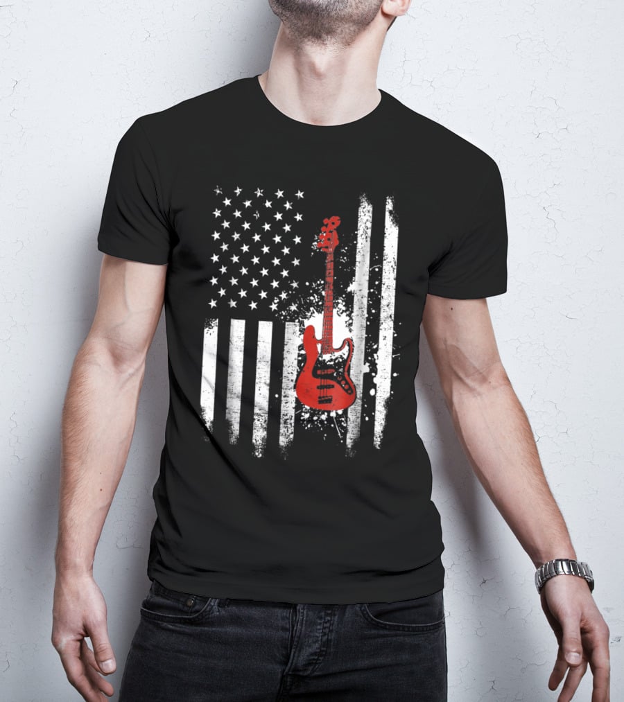 Bass Guitar Red White Stars Stripes American Flag T-Shirt