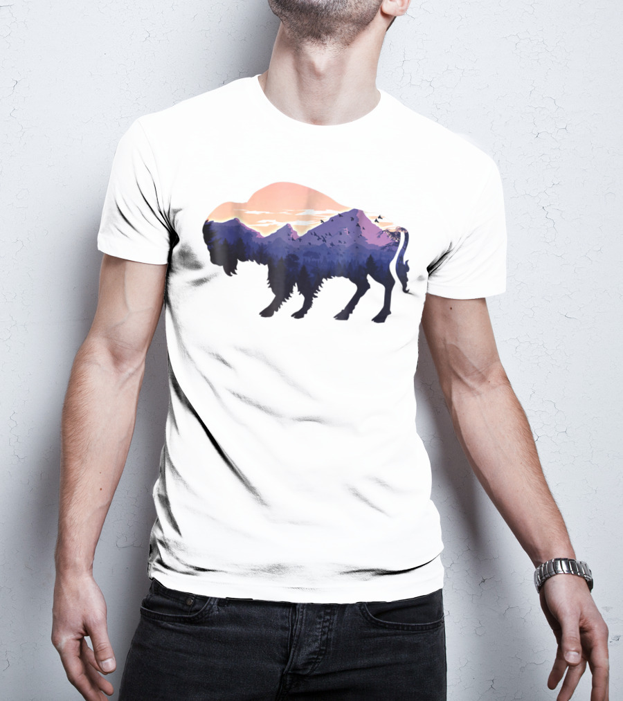 Bison Silhouette With Mountain And Forest Scene T-Shirt