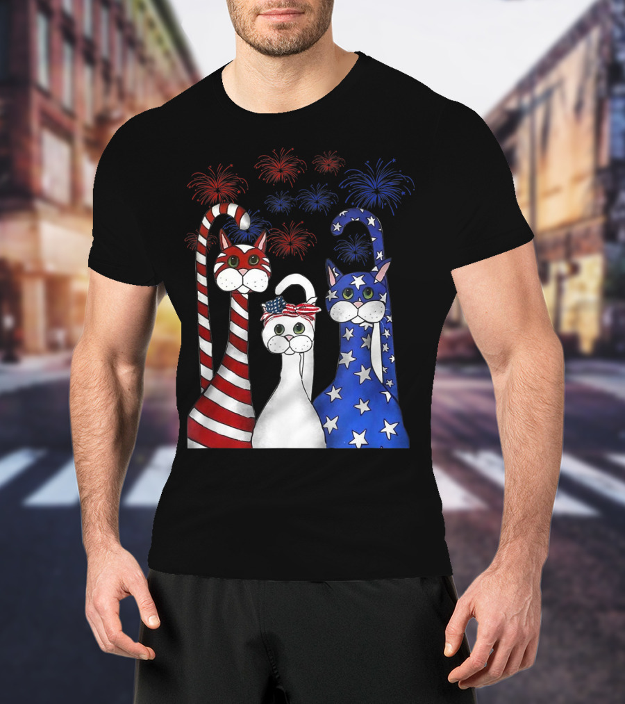 Cat Red White Blue American Flag Patriotic Fireworks T-Shirt
