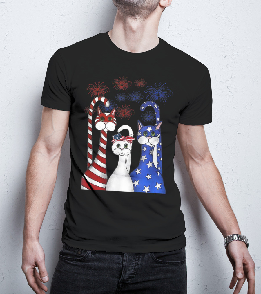 Cat Red White Blue American Flag Patriotic Fireworks T-Shirt