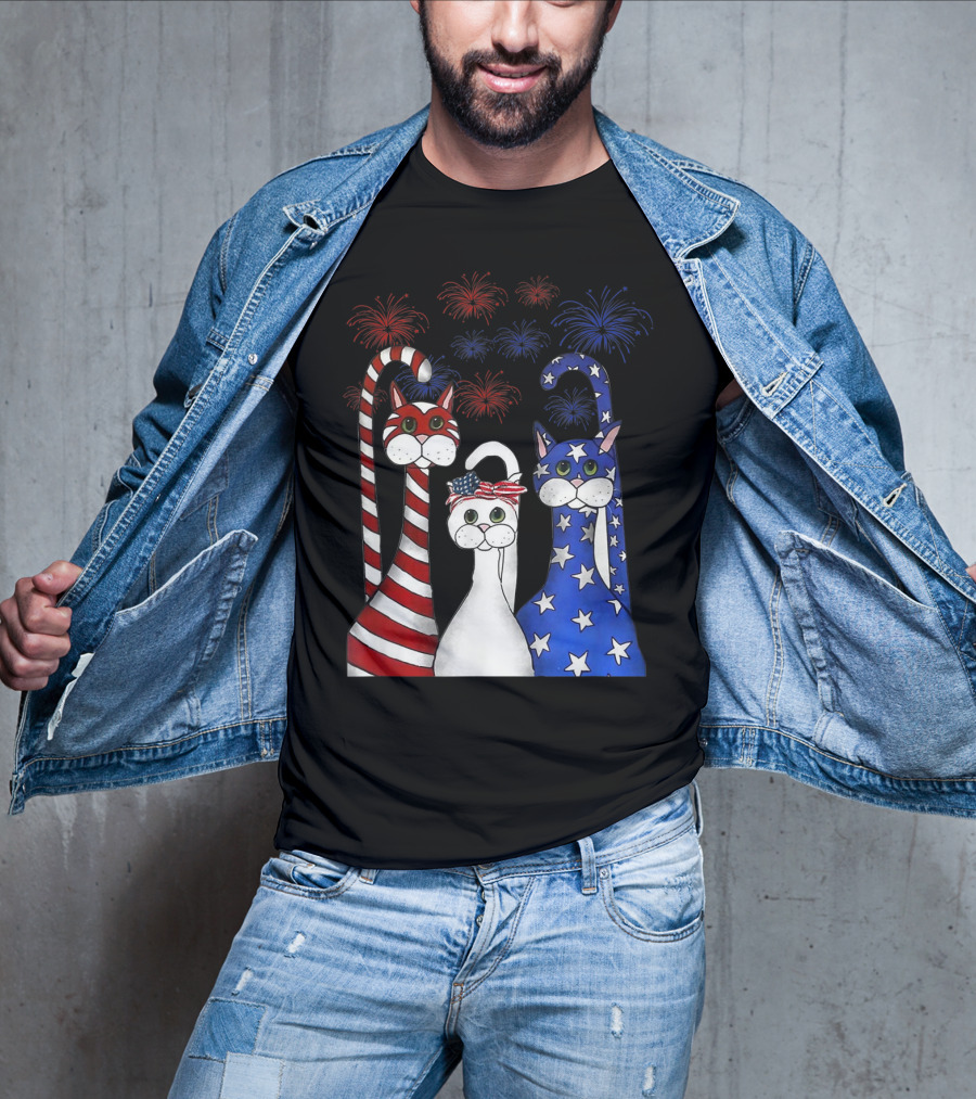 Cat Red White Blue American Flag Patriotic Fireworks T-Shirt