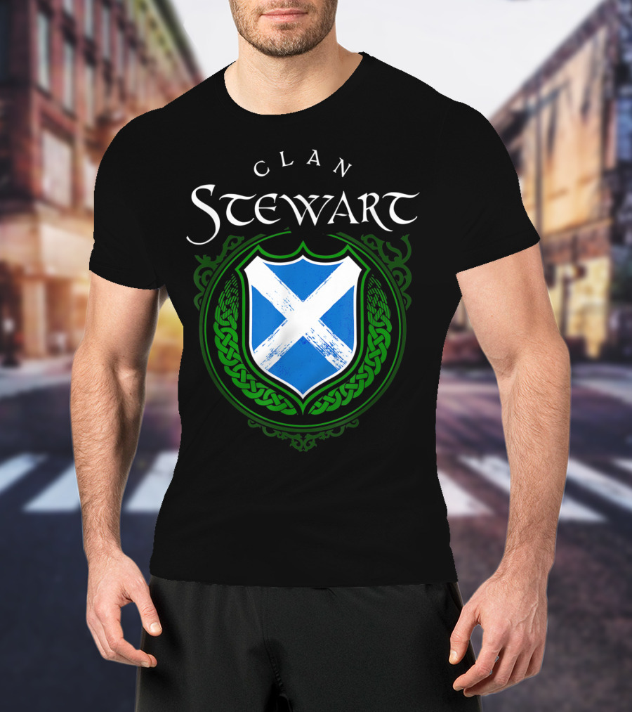 Clan Stewart Scottish Shield Scotland Flag And Green Celtic Knotwork T-Shirt