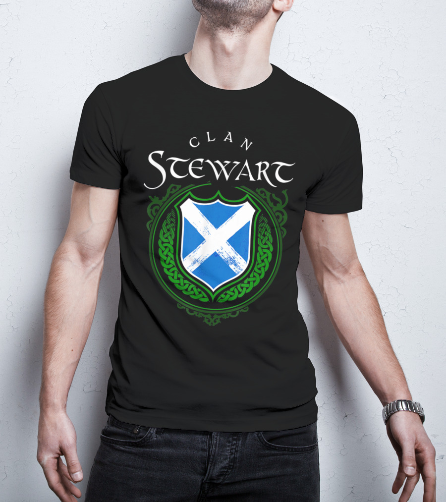 Clan Stewart Scottish Shield Scotland Flag And Green Celtic Knotwork T-Shirt