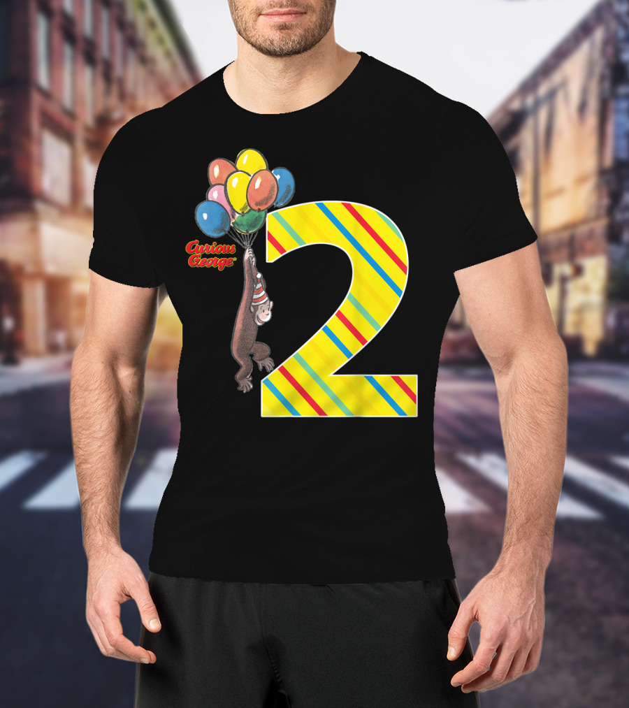 Curious George Holding Balloons Next To Colorful Striped Number 2 For Second Birthday T-Shirt