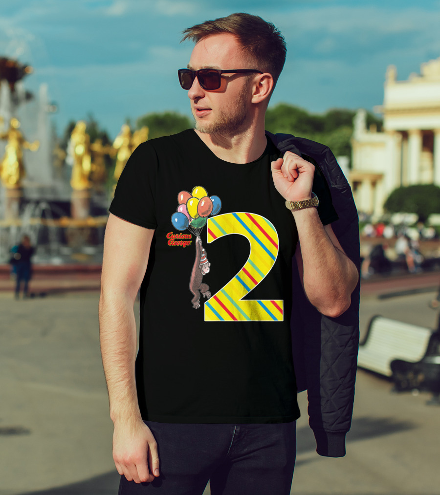 Curious George Holding Balloons Next To Colorful Striped Number 2 For Second Birthday T-Shirt
