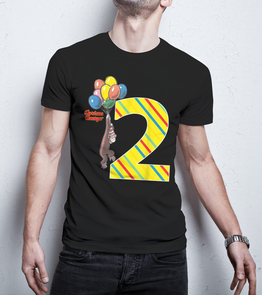 Curious George Holding Balloons Next To Colorful Striped Number 2 For Second Birthday T-Shirt
