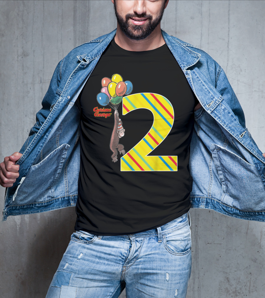 Curious George Holding Balloons Next To Colorful Striped Number 2 For Second Birthday T-Shirt