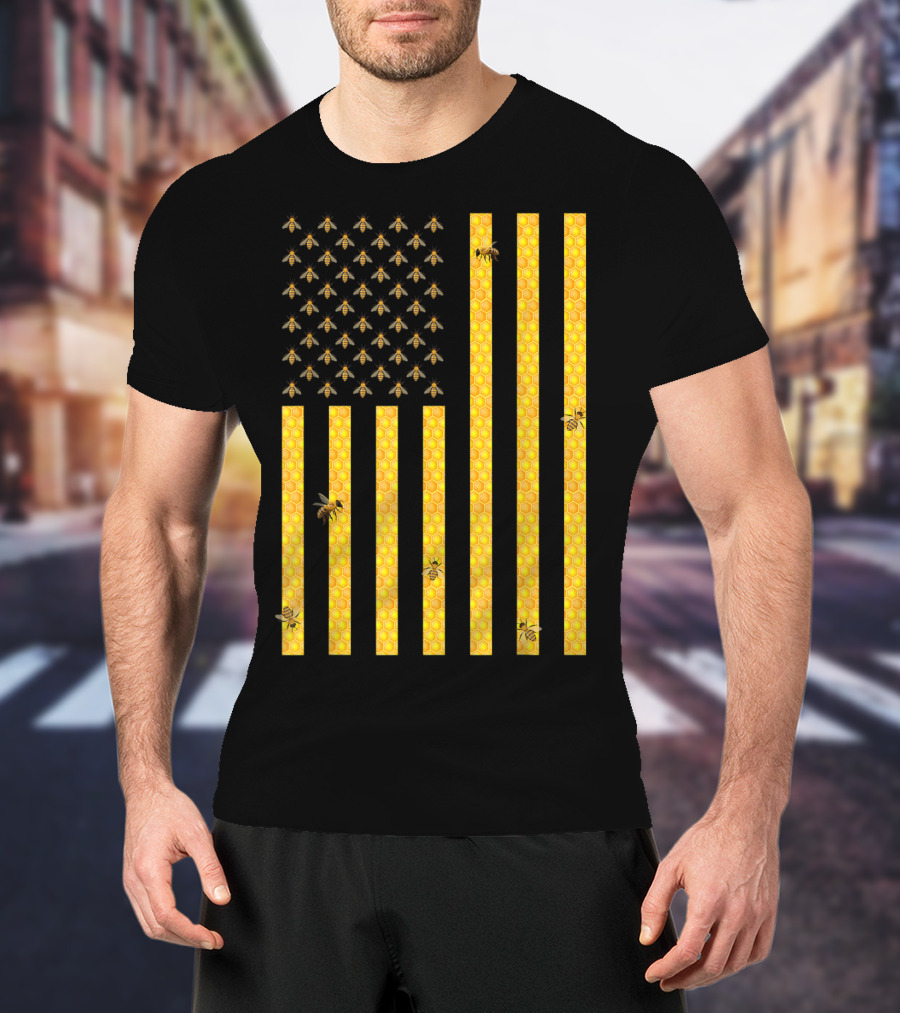 American Flag Honeycomb Honey Bee Beekeeping Beekeeper USA Patriotic T-Shirt