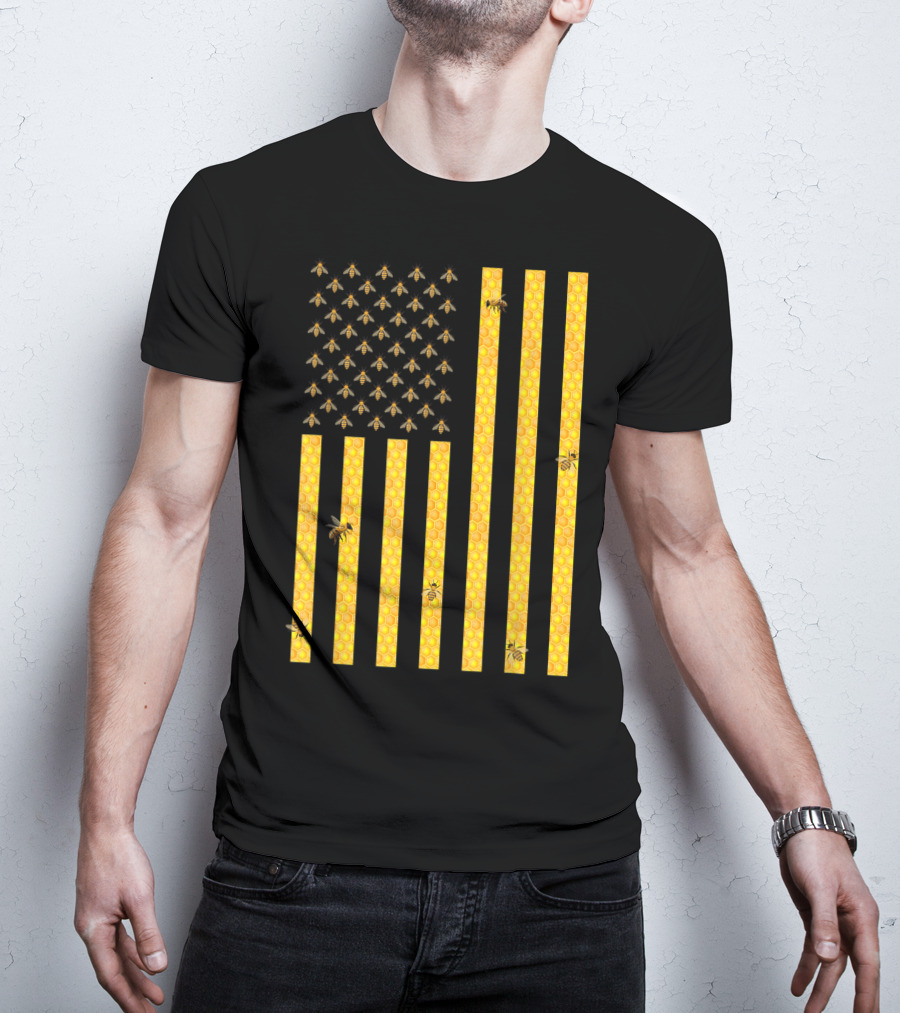 American Flag Honeycomb Honey Bee Beekeeping Beekeeper USA Patriotic T-Shirt