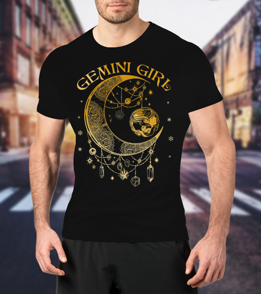 Gemini Girl Zodiac Henna Moon With Crystals And Stars T-Shirt