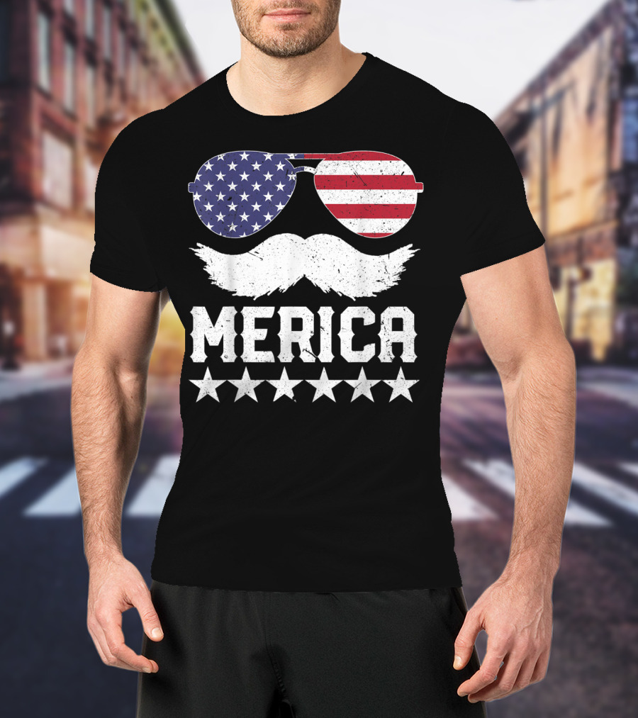 MERICA USA Flag Mustache Sunglasses Stars Independence Day T-Shirt