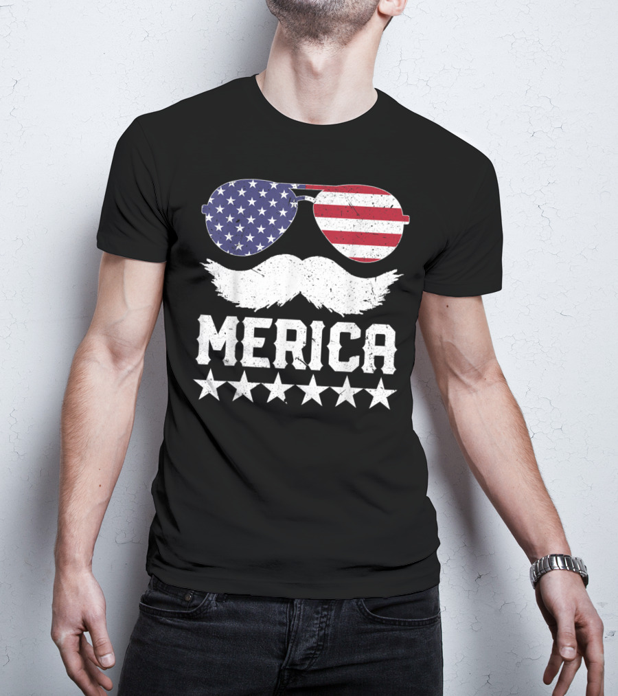 MERICA USA Flag Mustache Sunglasses Stars Independence Day T-Shirt