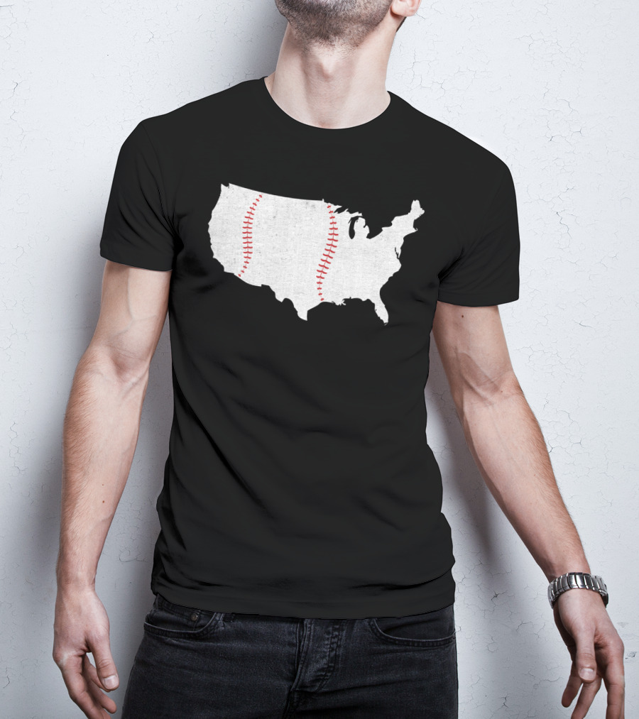 Baseball Is America's Pastime USA Map Stitch T-Shirt