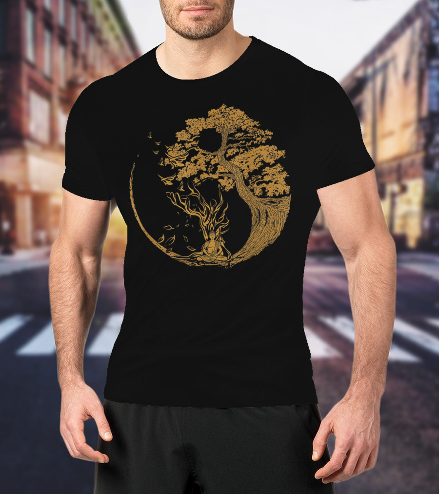 Bonsai Tree And Meditative Buddha Enclosed In Circular T-Shirt