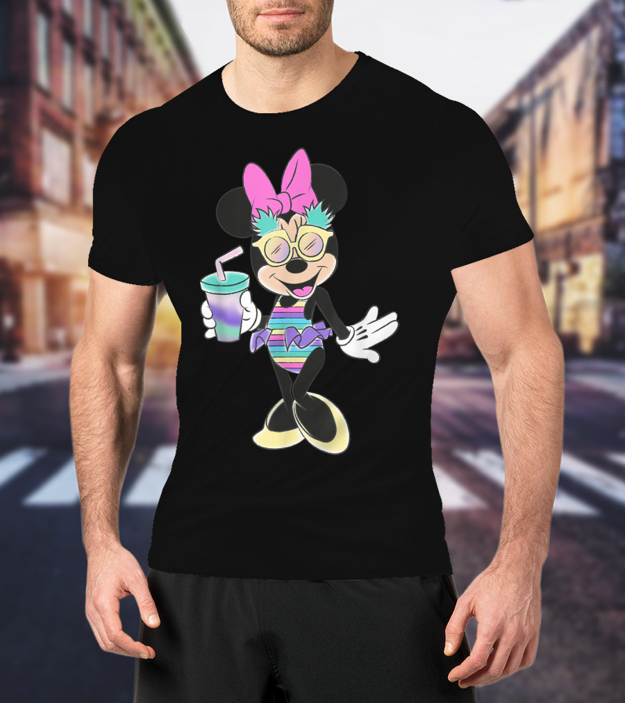 Disney Minnie Mouse Striped Swimsuit With Unicorn Colors And Pineapple Sunglasses T-Shirt