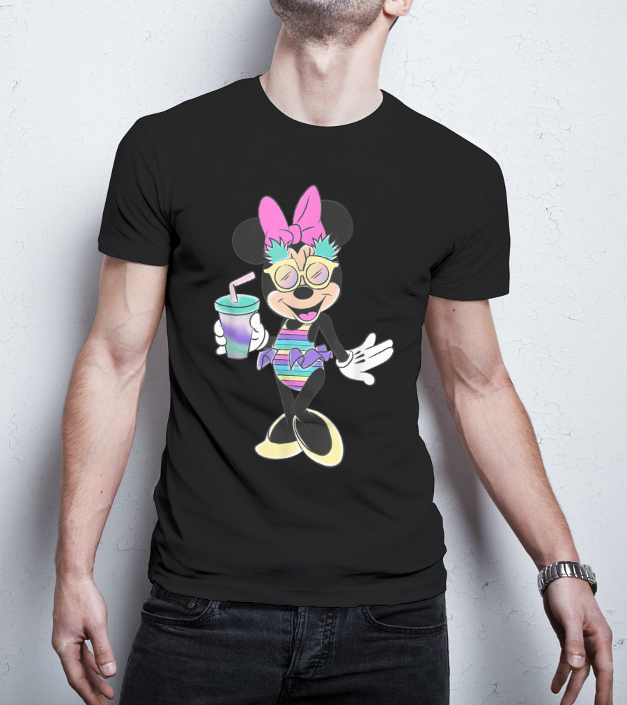 Disney Minnie Mouse Striped Swimsuit With Unicorn Colors And Pineapple Sunglasses T-Shirt