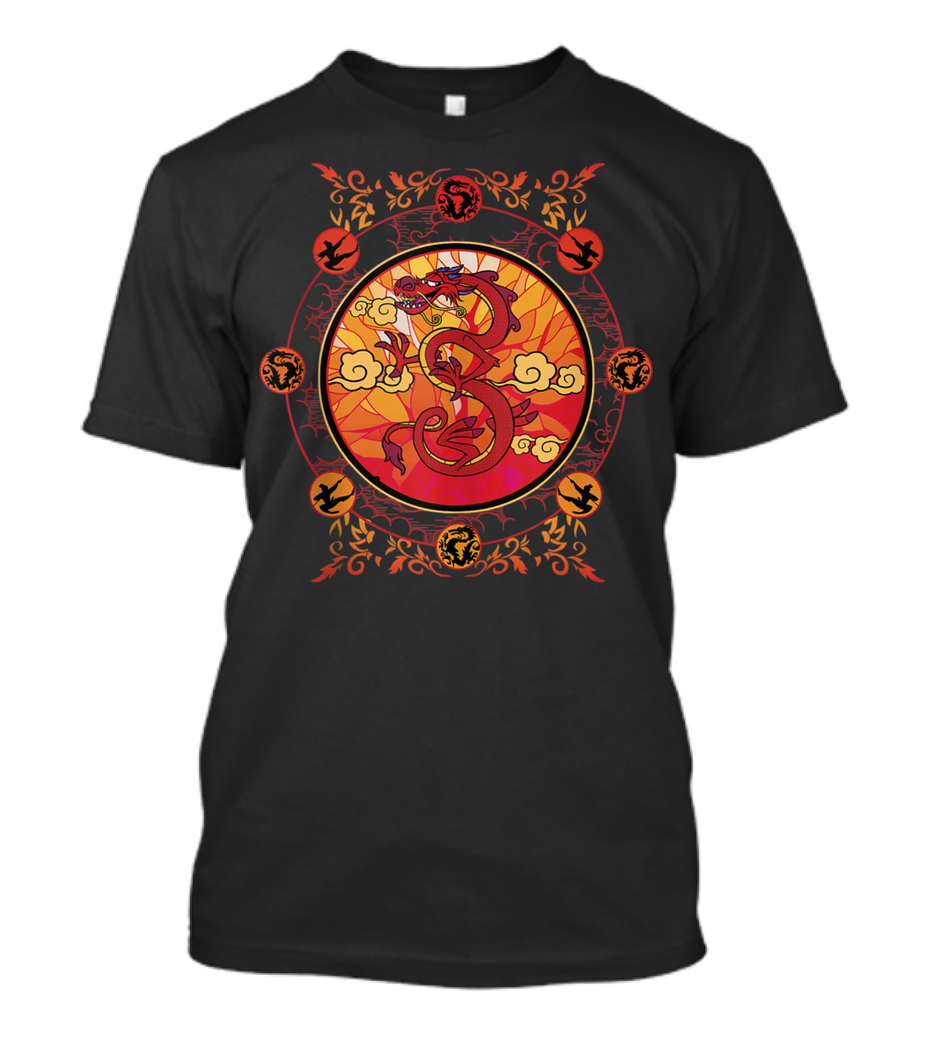 Disney Mulan Mushu Stained Glass Style Circle With Ornate Red And Orange Details T-Shirt