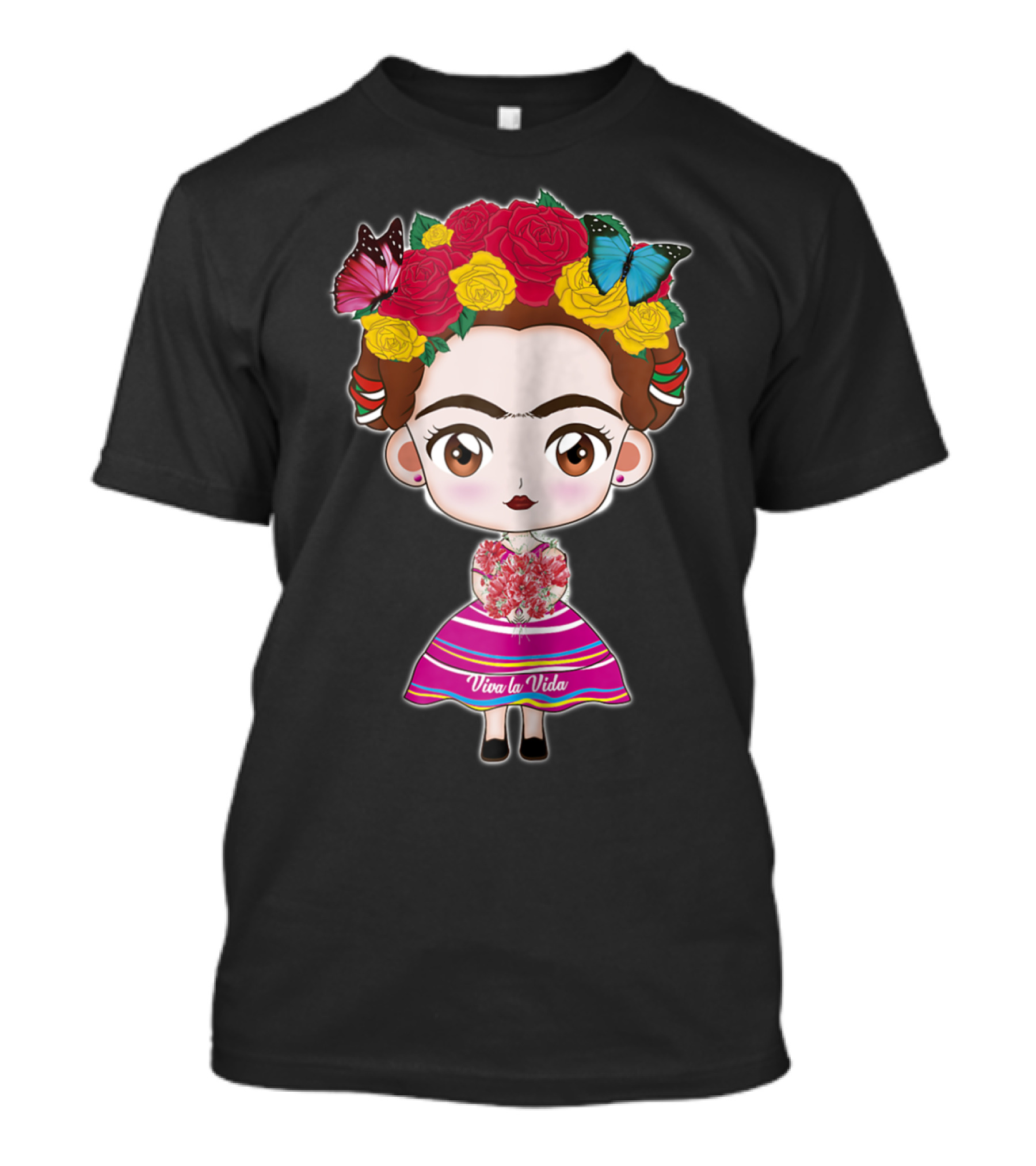 Viva Mexico Viva La Vida Mexican Frida With Flower Crown And Butterflies T-Shirt