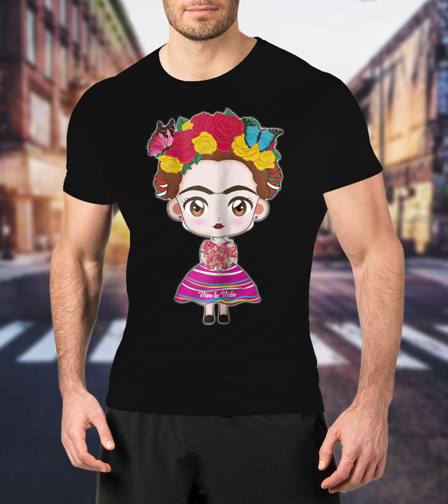 Viva Mexico Viva La Vida Mexican Frida With Flower Crown And Butterflies T-Shirt