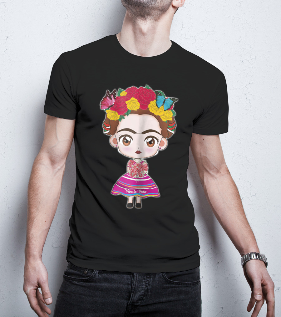 Viva Mexico Viva La Vida Mexican Frida With Flower Crown And Butterflies T-Shirt