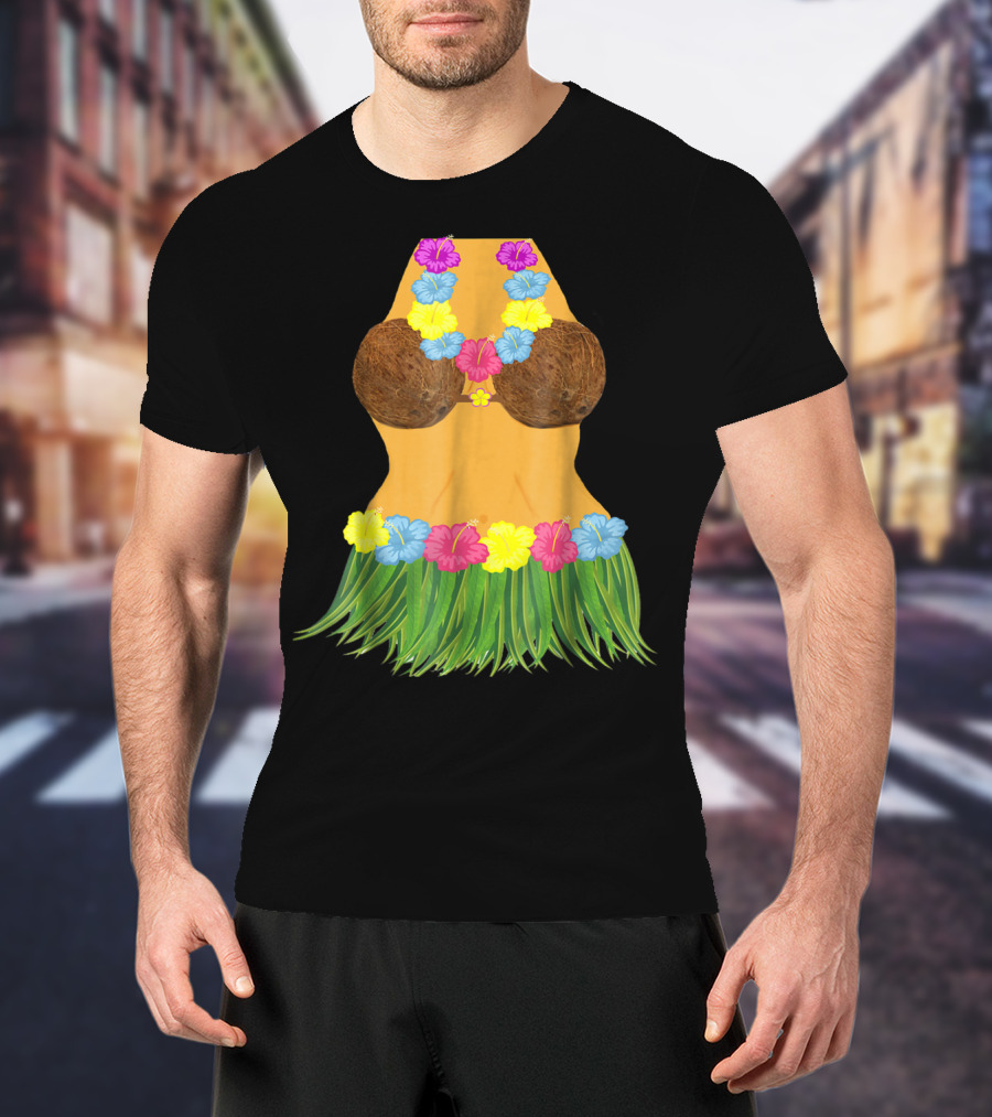 Coconut Bra Grass Skirt Lei Flowers Summer Tropical T-Shirt