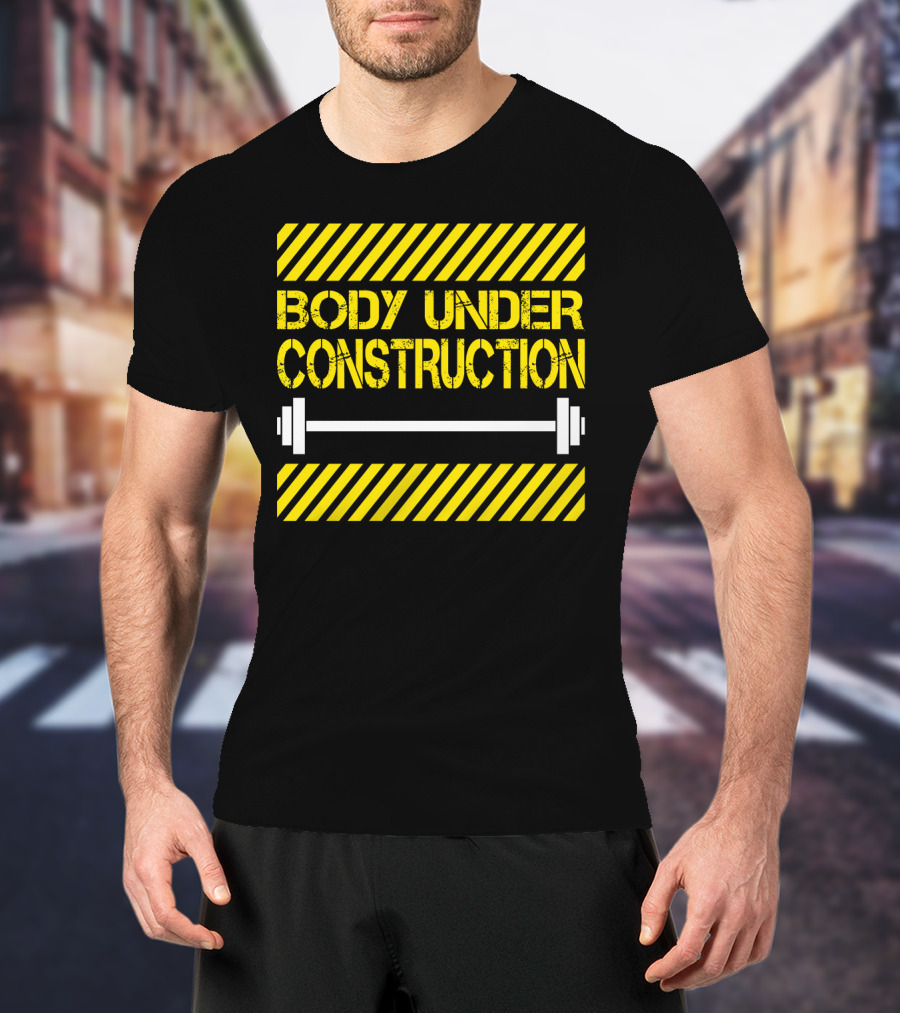 Body Under Construction Yellow Stripes Weightlifting Barbell T-Shirt
