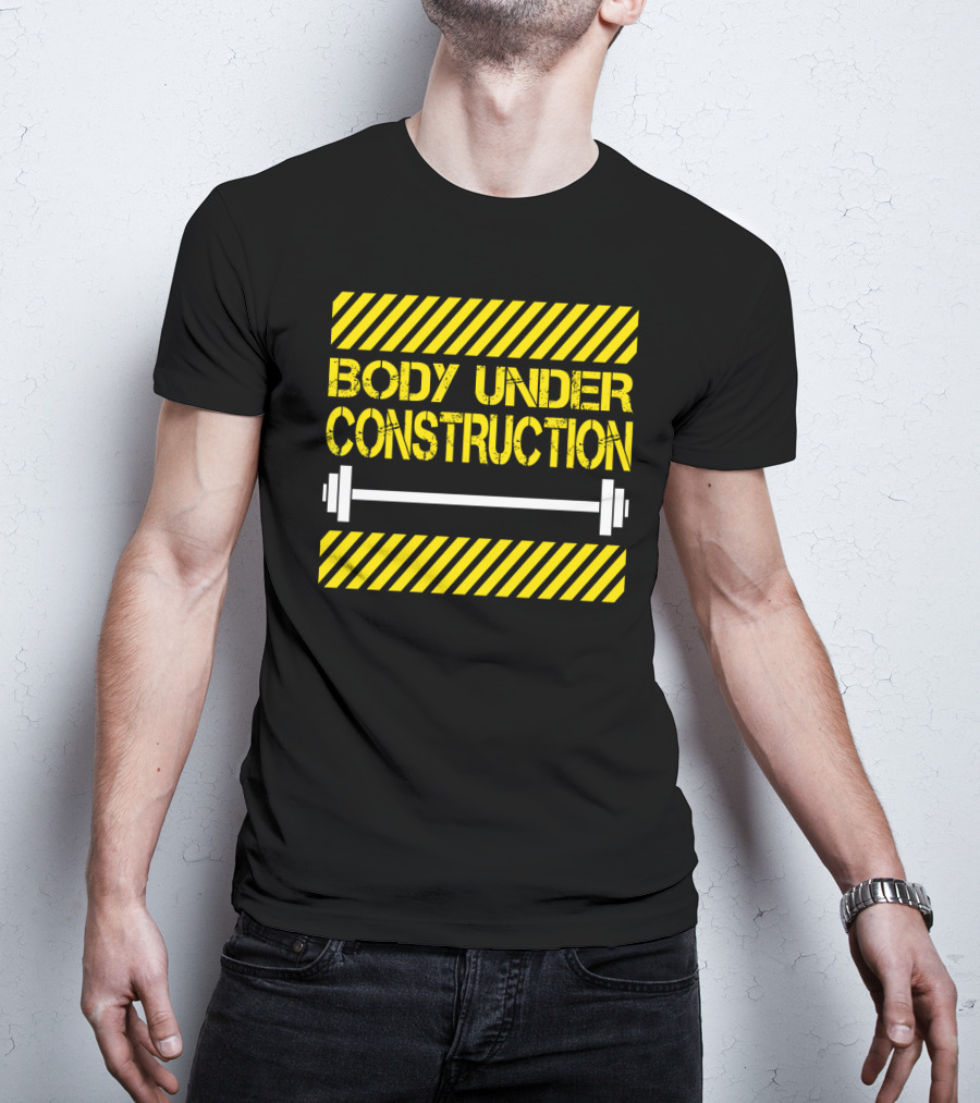 Body Under Construction Yellow Stripes Weightlifting Barbell T-Shirt