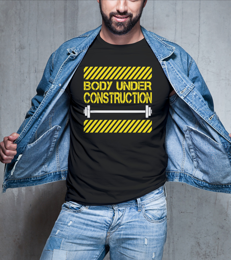 Body Under Construction Yellow Stripes Weightlifting Barbell T-Shirt