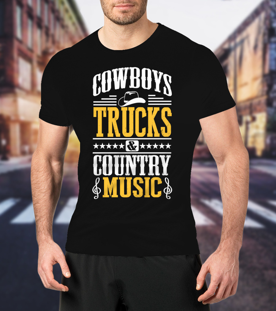 Cowboys Trucks And Country Music With Stars And Musical Notes T-Shirt
