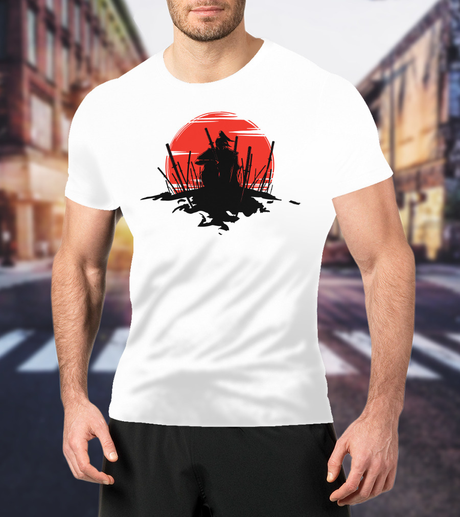 The End Of The Battle Samurai Silhouette Against Red Sun Rising T-Shirt