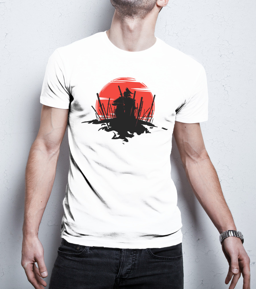The End Of The Battle Samurai Silhouette Against Red Sun Rising T-Shirt