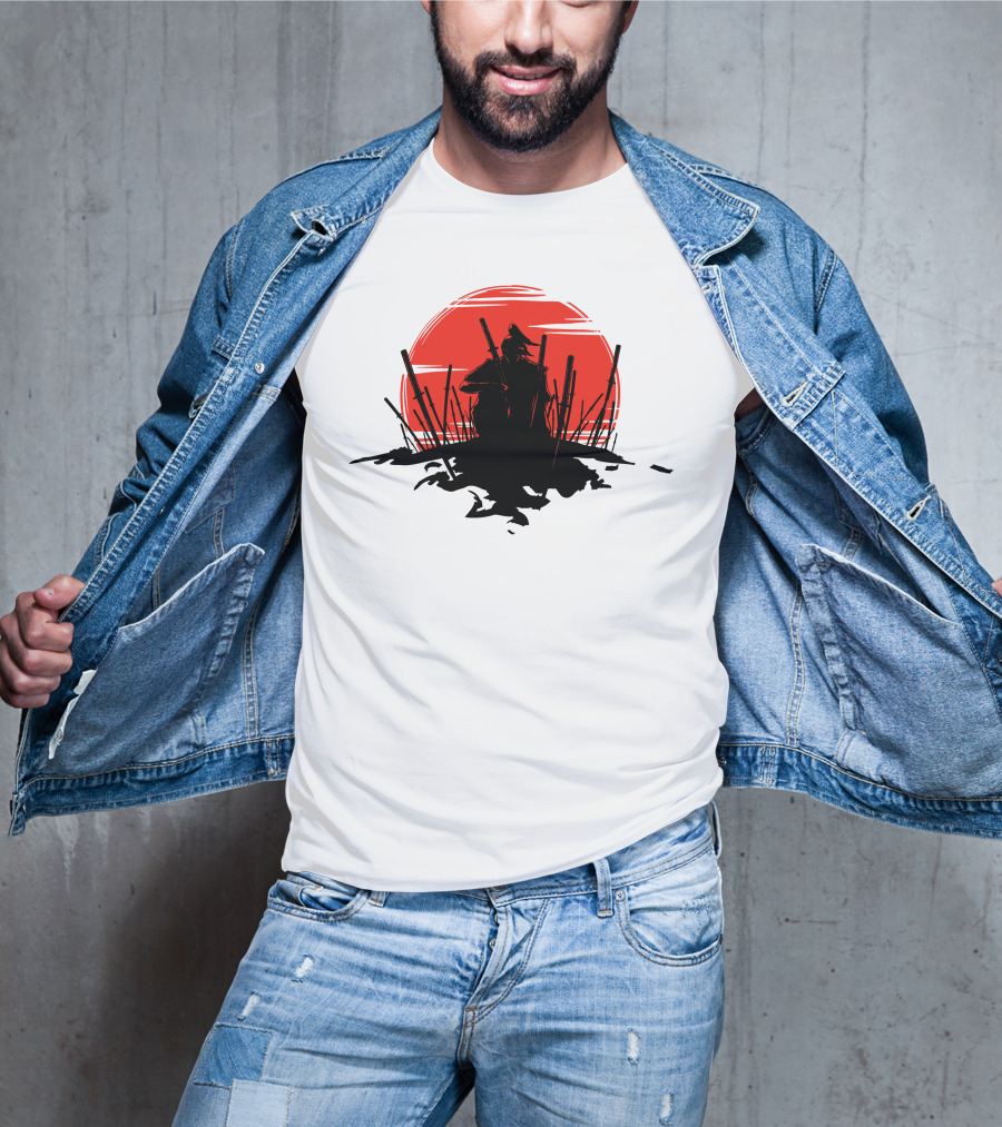 The End Of The Battle Samurai Silhouette Against Red Sun Rising T-Shirt