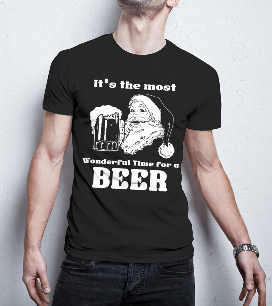 Christmas Santa It's The Most Wonderful Time For A Beer With Santa Hat And Mug Of Beer T-Shirt