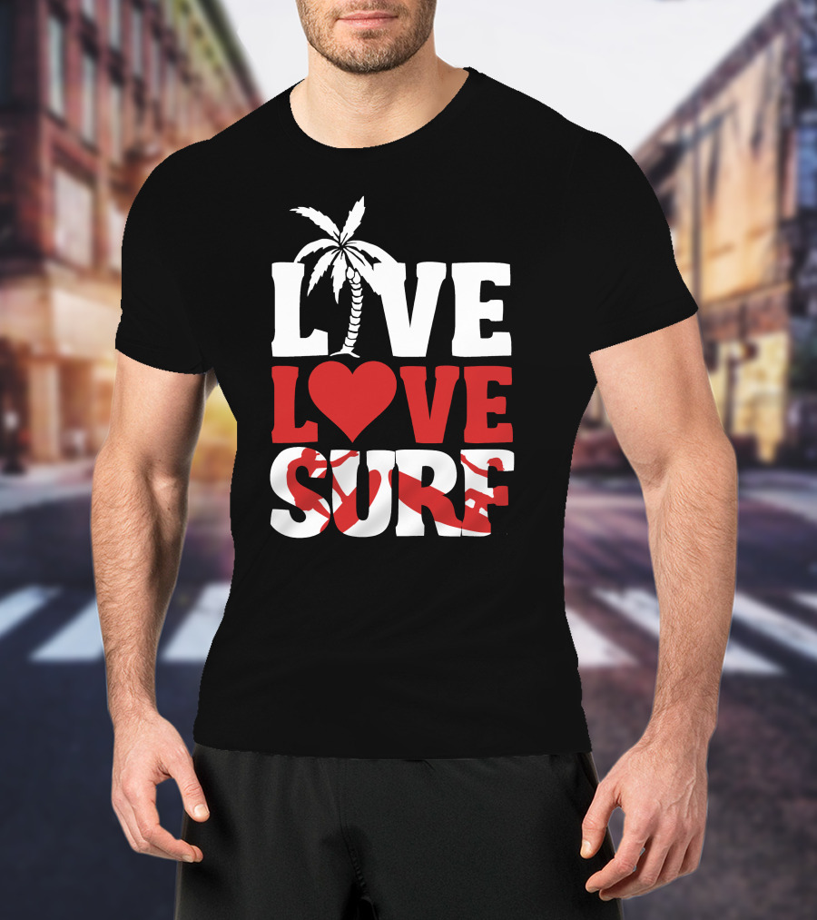 Live Love Surf Palm Tree Heart Ocean Waves T-Shirt