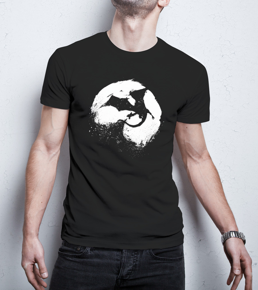 Midnight Desolation Dragon Silhouette In Full Moon T-Shirt