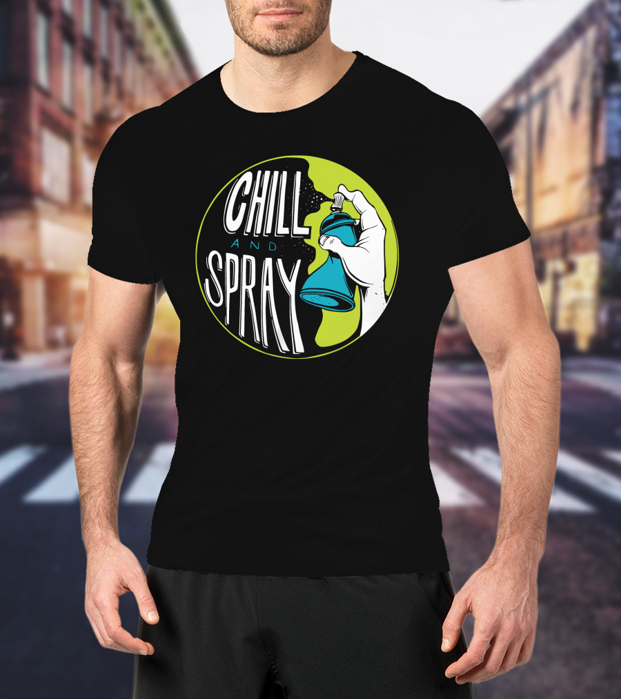 CHILL AND SPRAY Hand Holding Blue Can T-Shirt