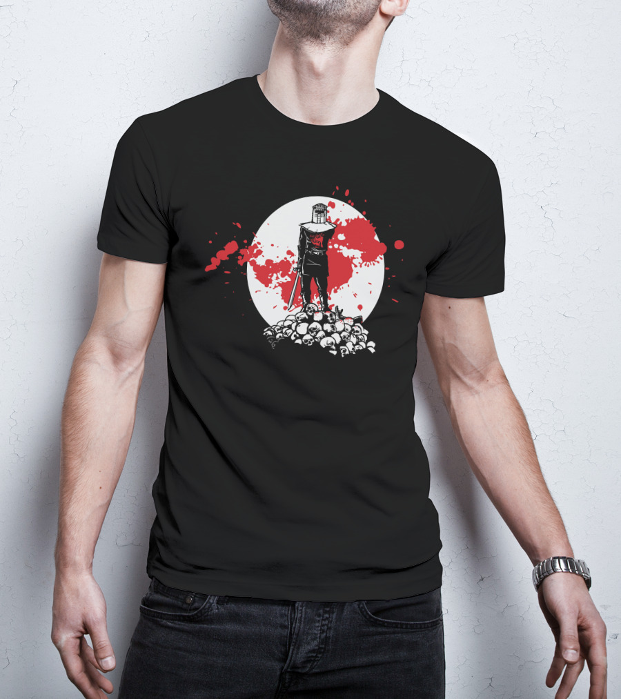 Black Knight Stands Tall On Red Blood Moon Of Skulls T-Shirt