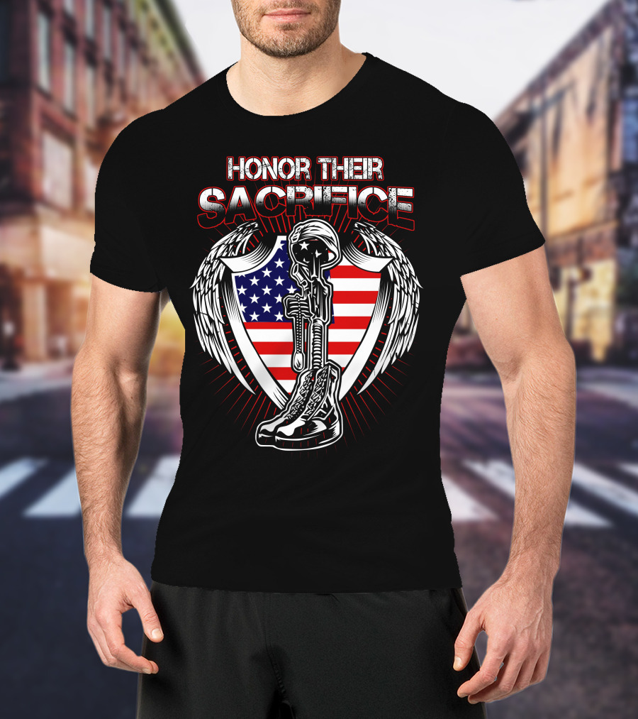 HONOR THEIR SACRIFICE American Flag Winged Soldier Memorial Helmet And Boots T-Shirt