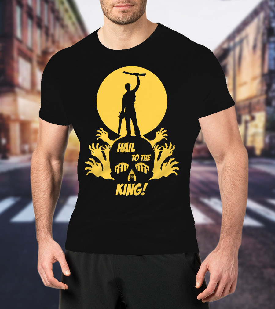 Hail To The King Skeleton Moon Chainsaw Hero With Zombie Hands T-Shirt