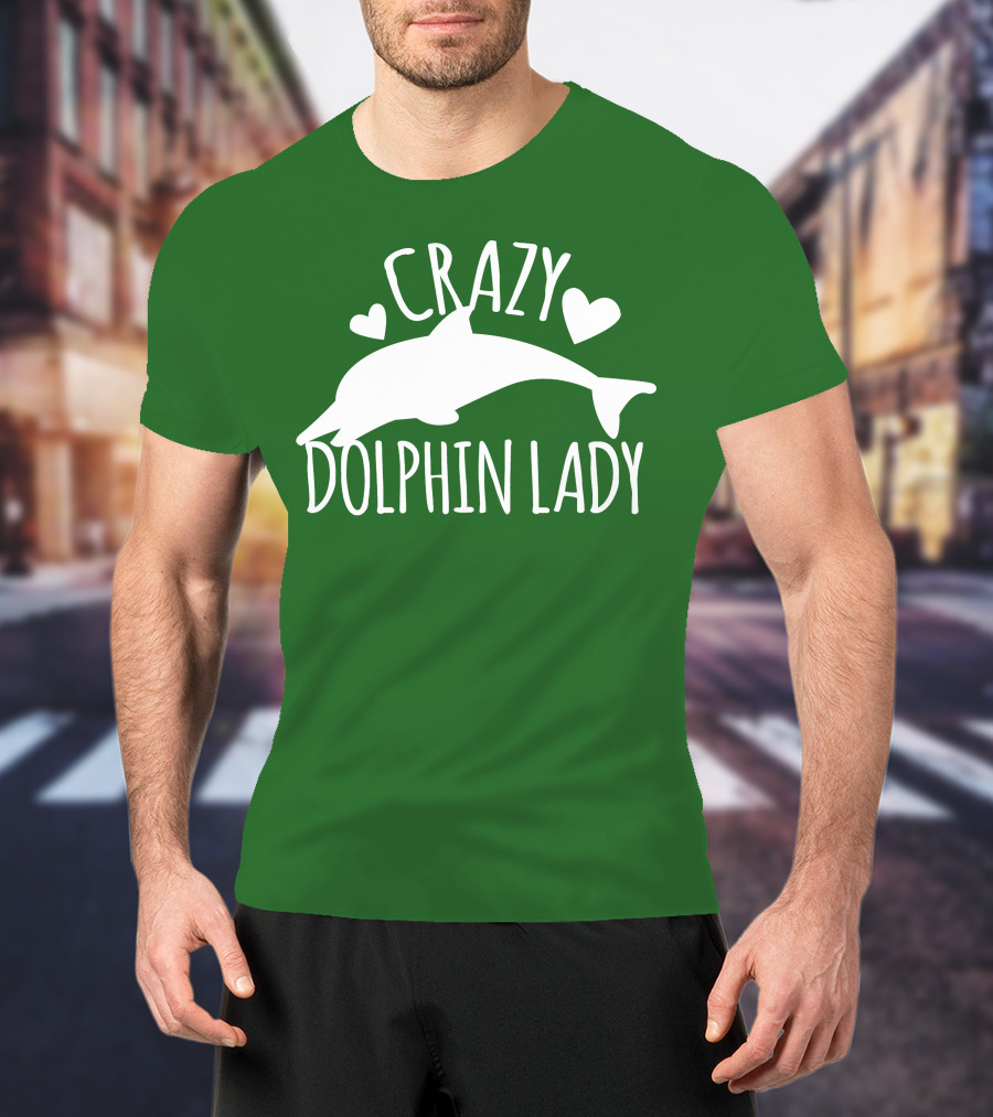 CRAZY DOLPHIN LADY Hearts And Dolphin Silhouette On Green T-Shirt
