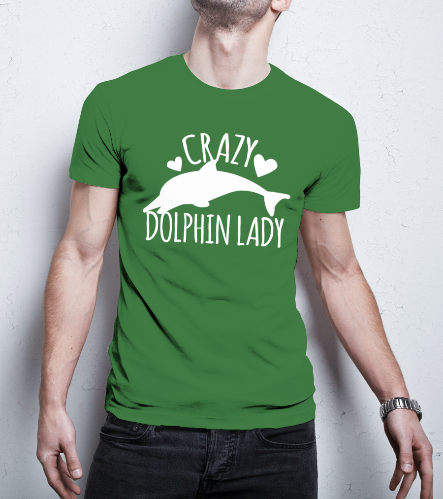 CRAZY DOLPHIN LADY Hearts And Dolphin Silhouette On Green T-Shirt