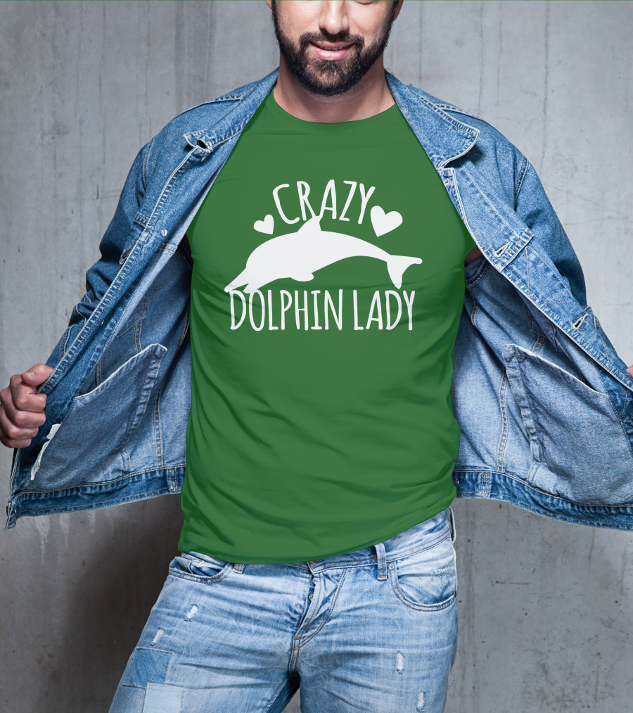 CRAZY DOLPHIN LADY Hearts And Dolphin Silhouette On Green T-Shirt