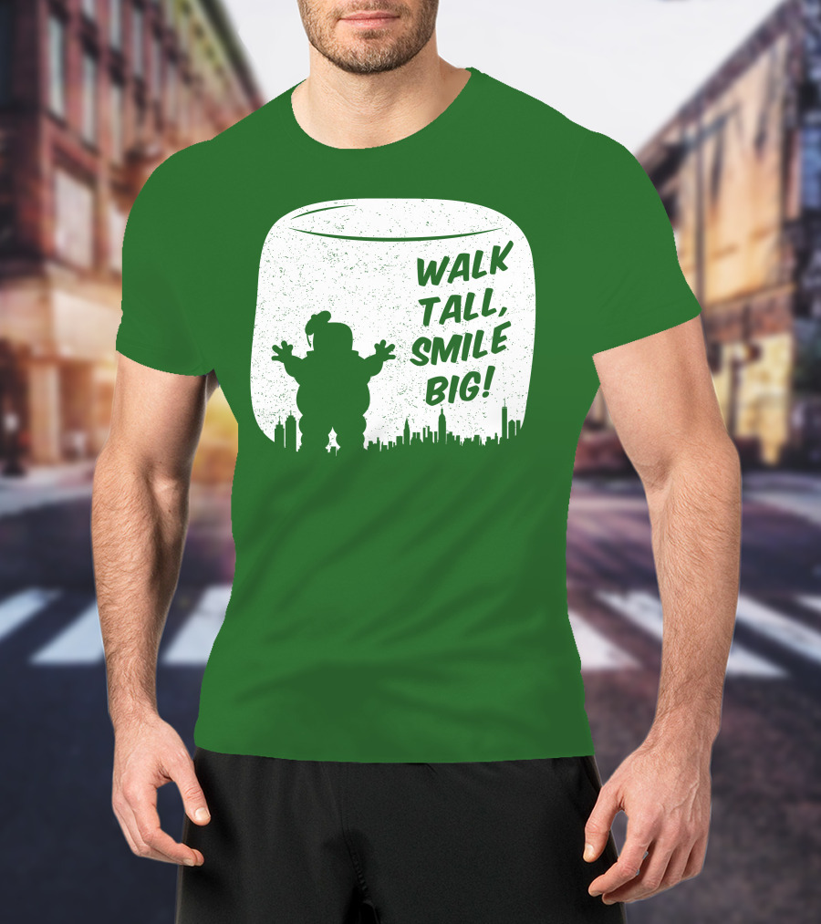 WALK TALL SMILE BIG Stay Puft Marshmallow Man City Skyline T-Shirt