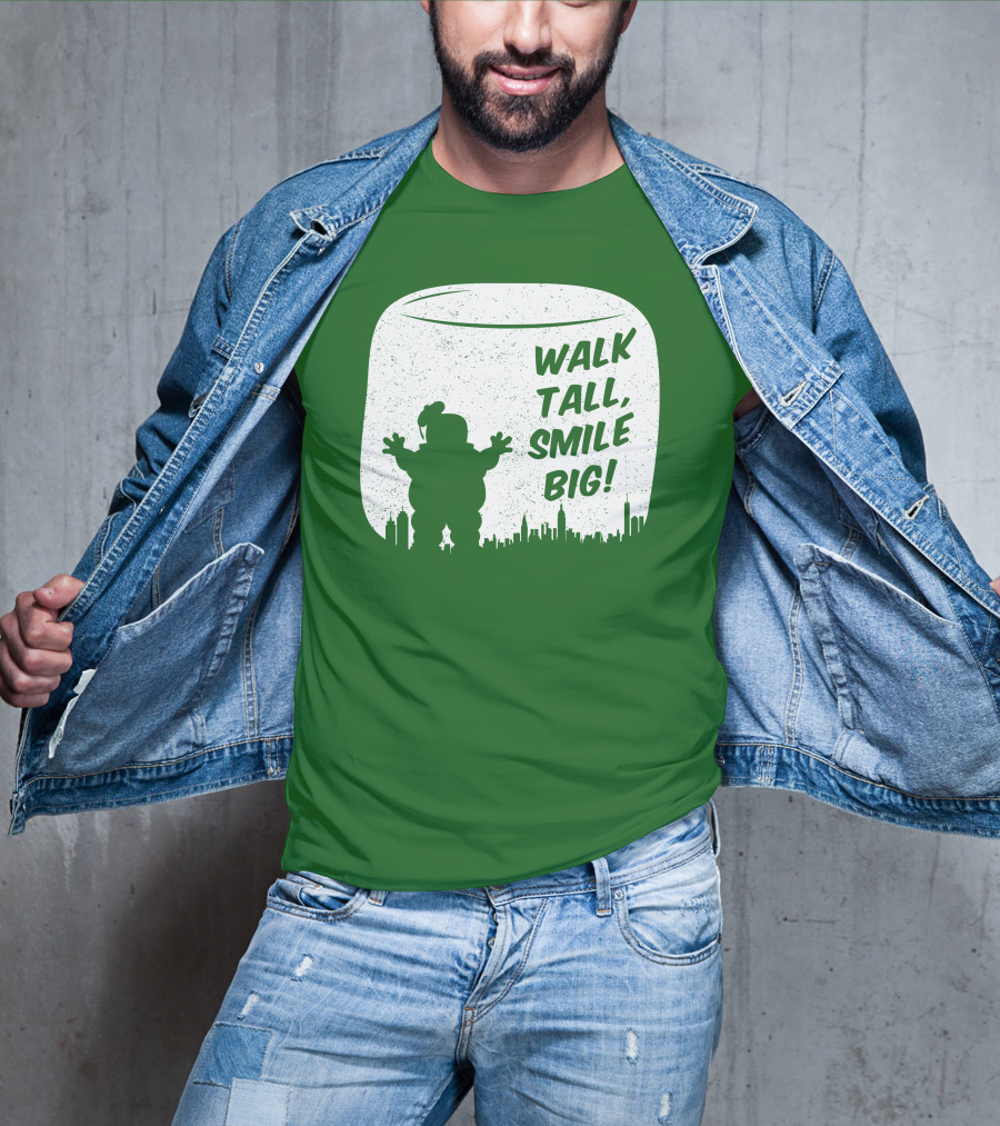 WALK TALL SMILE BIG Stay Puft Marshmallow Man City Skyline T-Shirt