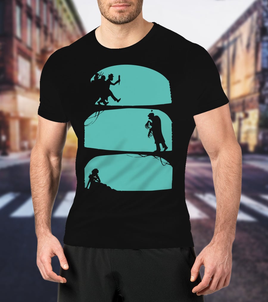 Hunt The Zombie Silhouette Chase With Weapon, Creeping Figure, And Hiding Woman T-Shirt