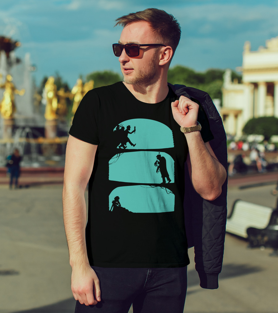 Hunt The Zombie Silhouette Chase With Weapon, Creeping Figure, And Hiding Woman T-Shirt