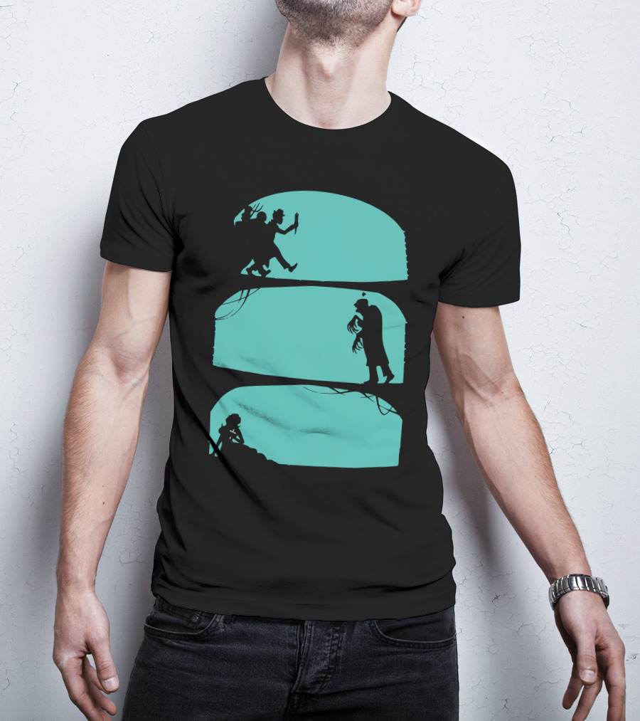 Hunt The Zombie Silhouette Chase With Weapon, Creeping Figure, And Hiding Woman T-Shirt